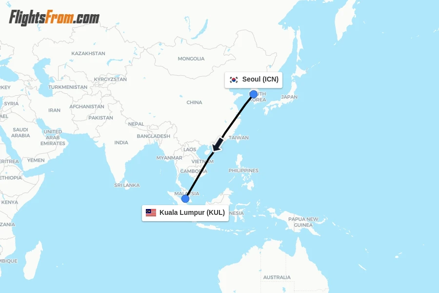 Flights from Seoul to Kuala Lumpur route map