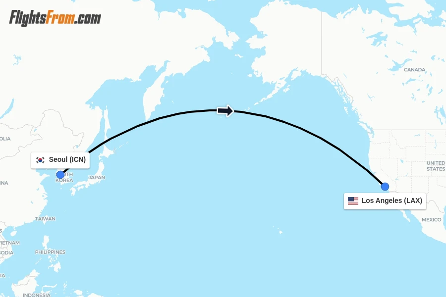 Flights from Seoul to Los Angeles route map