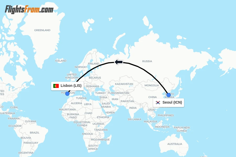 Flights from Seoul to Lisbon route map