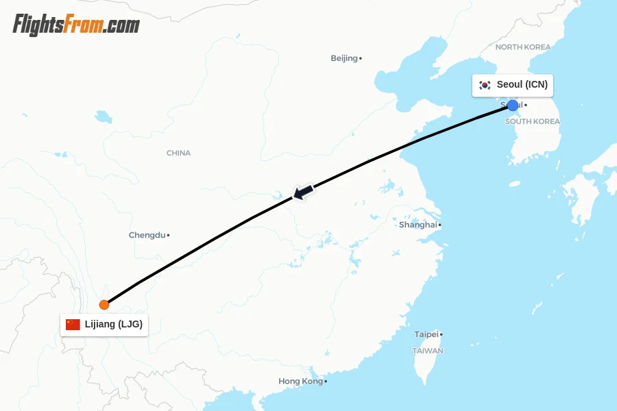 Flights from Seoul to Lijiang route map