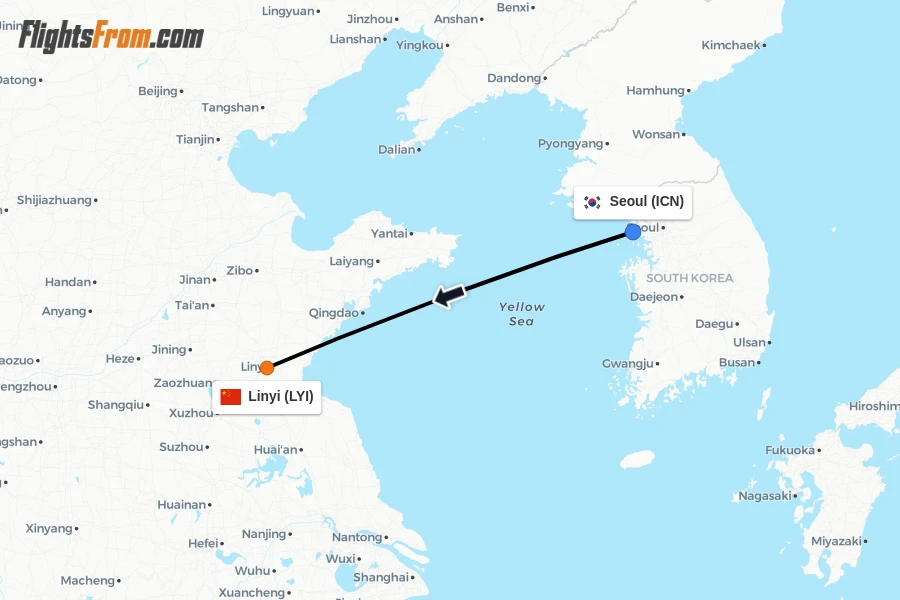 Flights from Seoul to Linyi route map