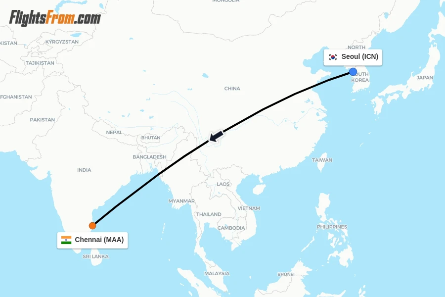 Flights from Seoul to Chennai route map