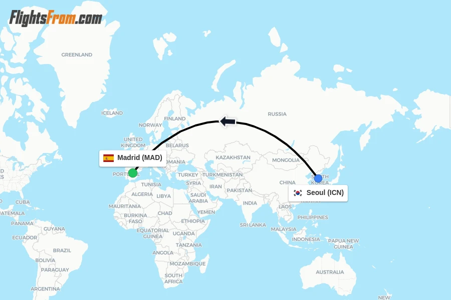 Flights from Seoul to Madrid route map