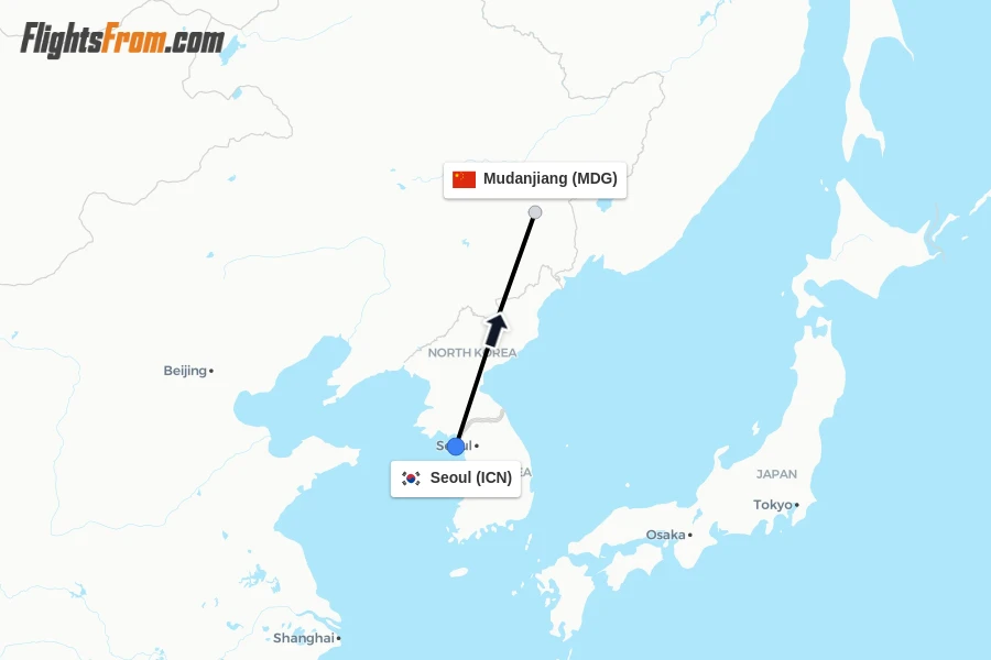 Flights from Seoul to Mudanjiang route map