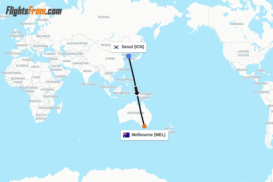Flights from Seoul to Melbourne route map