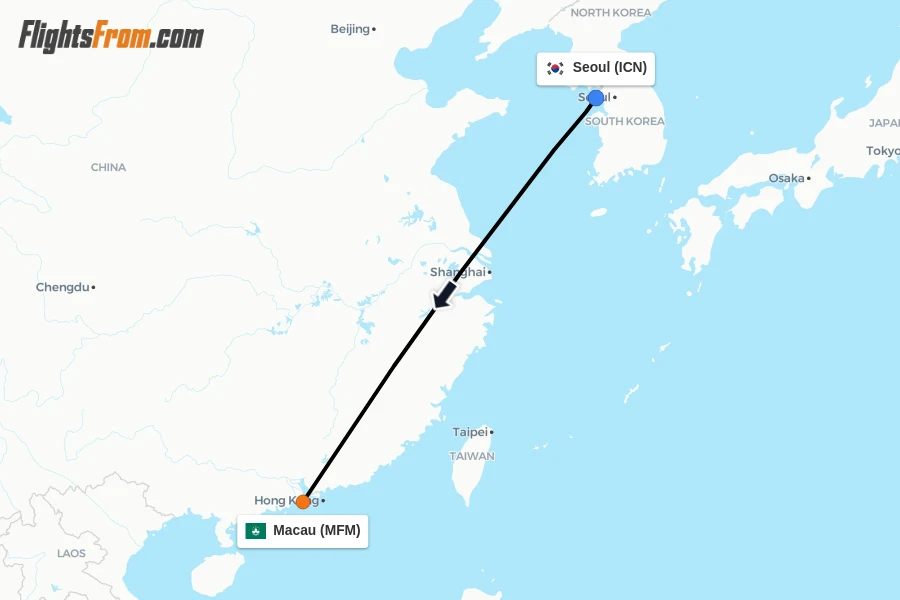 Flights from Seoul to Macau route map