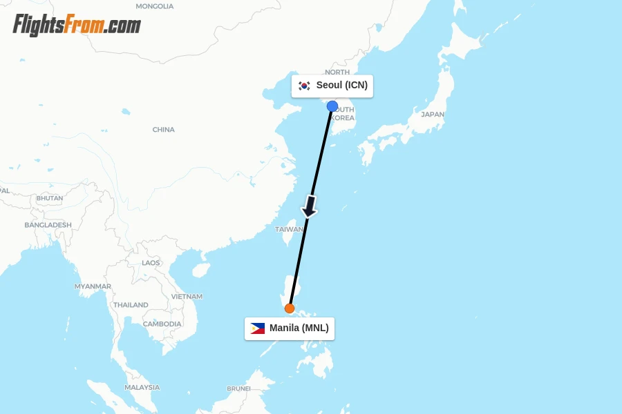 Flights from Seoul to Manila route map