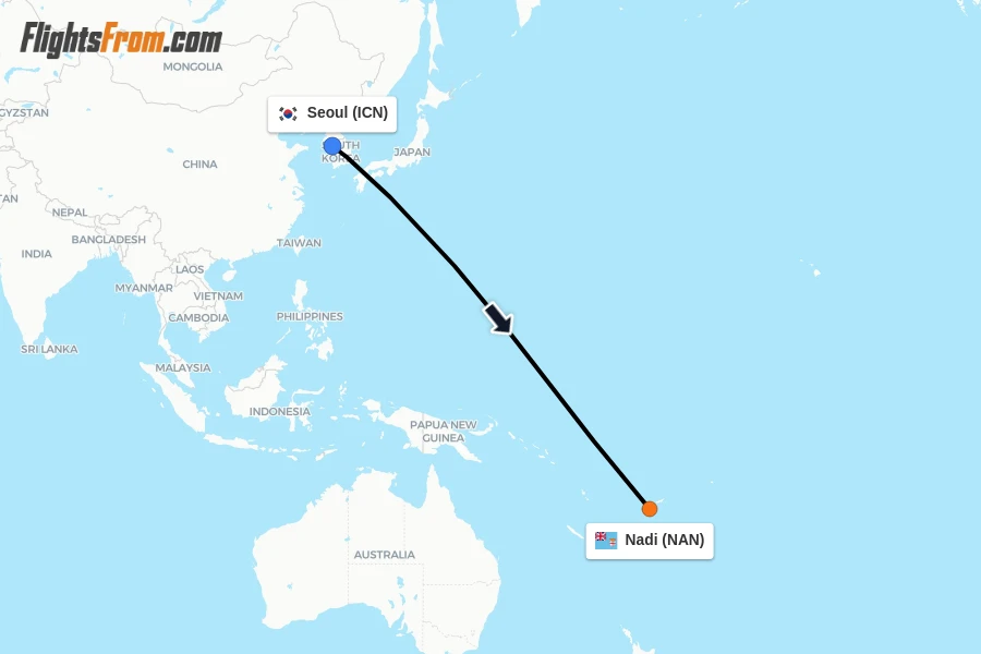 Flights from Seoul to Nadi route map
