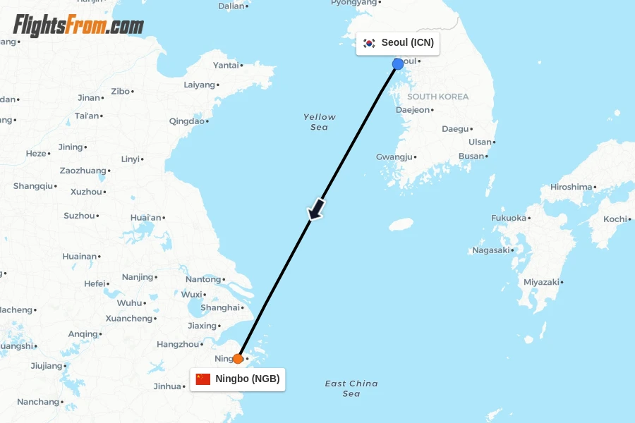 Flights from Seoul to Ningbo route map