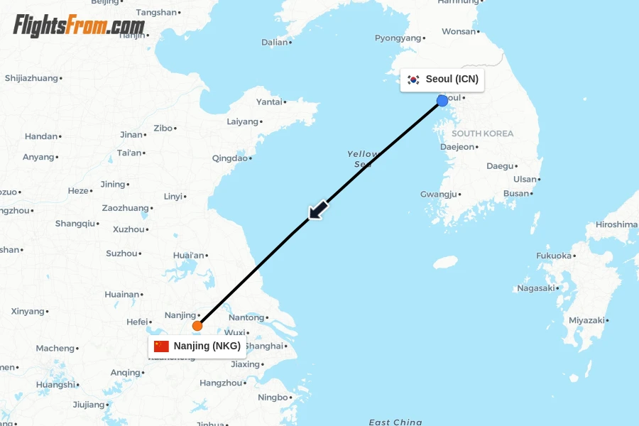 Flights from Seoul to Nanjing route map