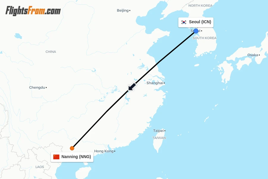Flights from Seoul to Nanning route map