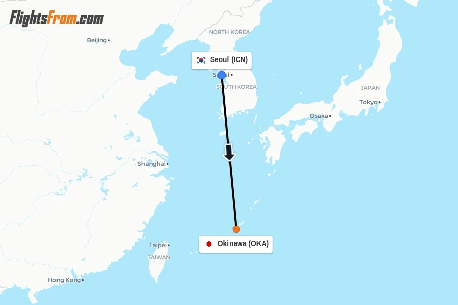 Flights from Seoul to Okinawa route map