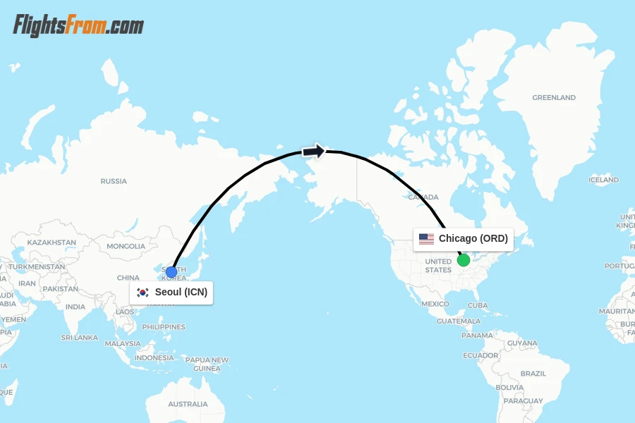 Flights from Seoul to Chicago route map