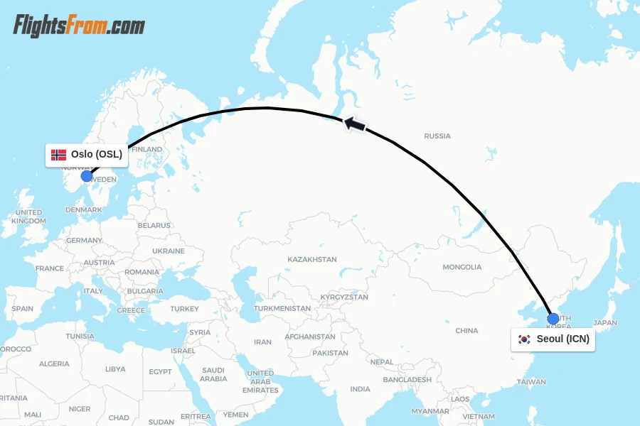 Flights from Seoul to Oslo route map