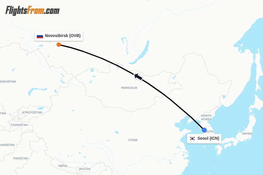 Flights from Seoul to Novosibirsk route map