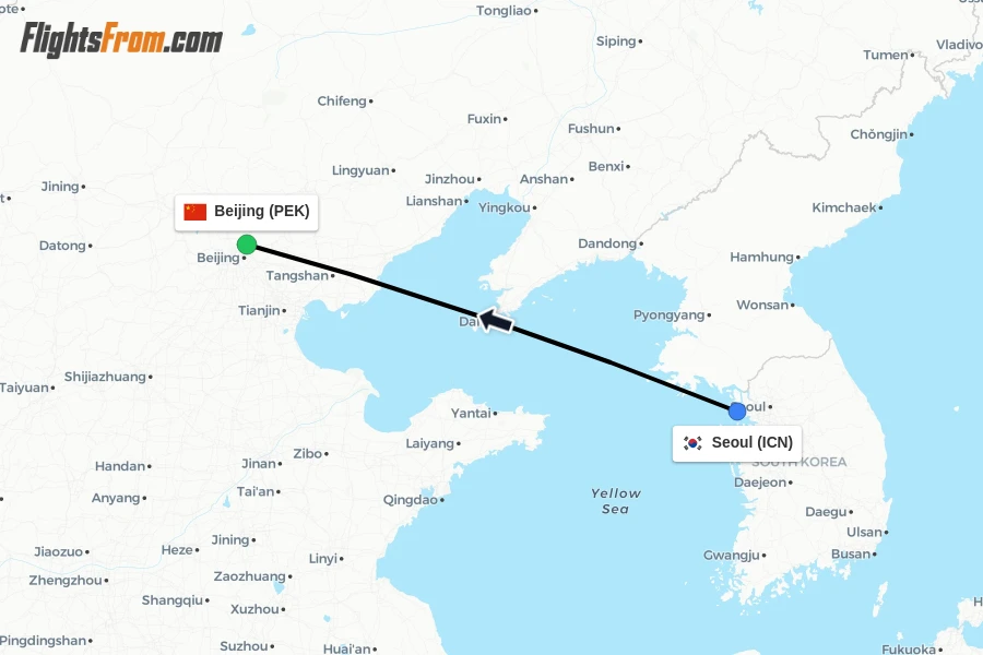 Flights from Seoul to Beijing route map