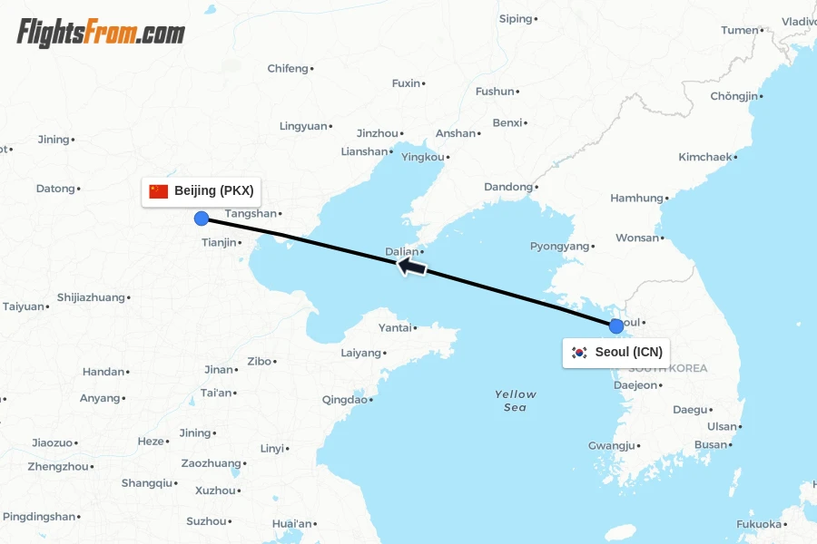 Flights from Seoul to Beijing route map