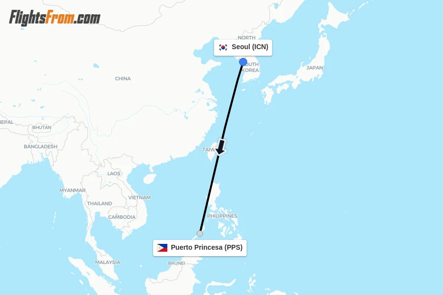 Flights from Seoul to Puerto Princesa route map