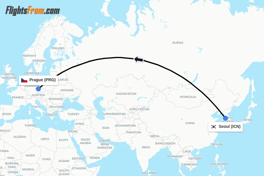 Flights from Seoul to Prague route map