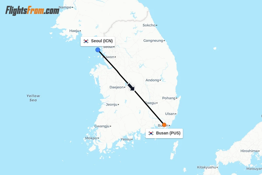 Flights from Seoul to Busan route map