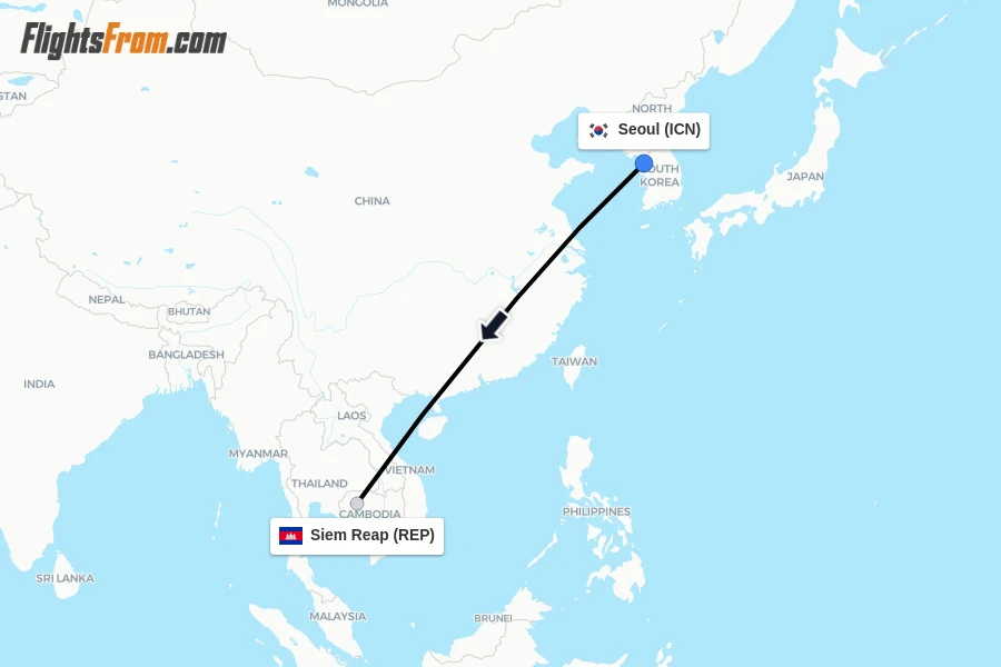 Flights from Seoul to Siem Reap route map