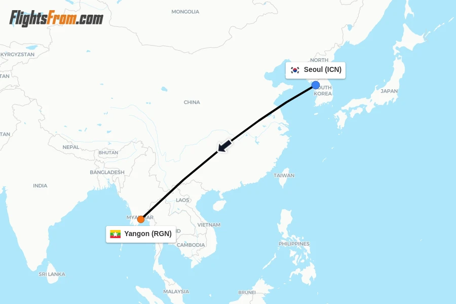 Flights from Seoul to Yangon route map