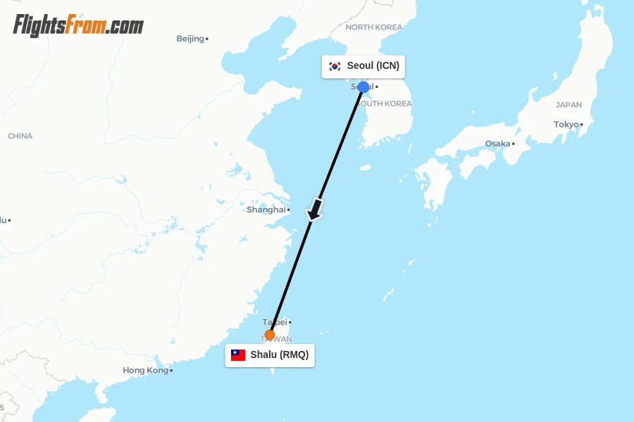 Flights from Seoul to Shalu route map