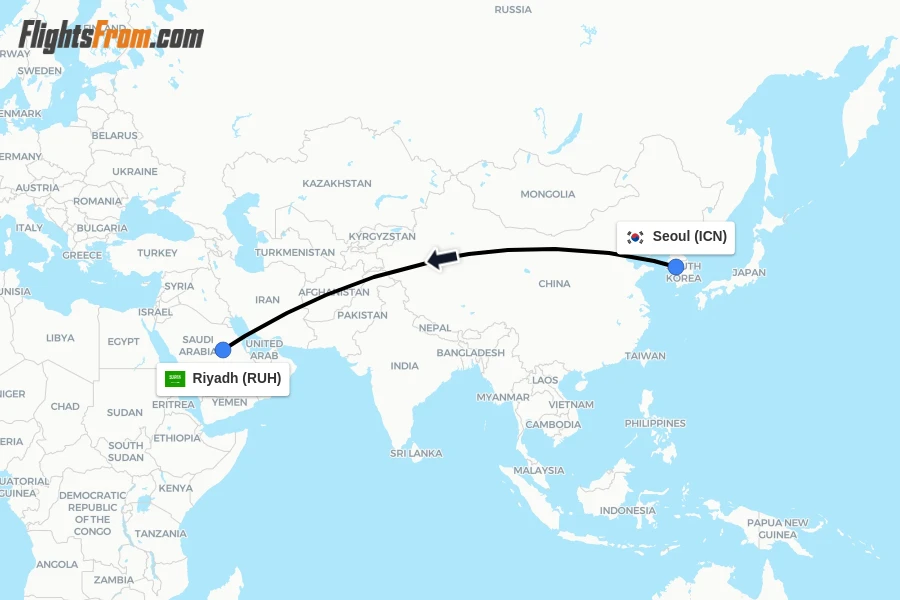 Flights from Seoul to Riyadh route map
