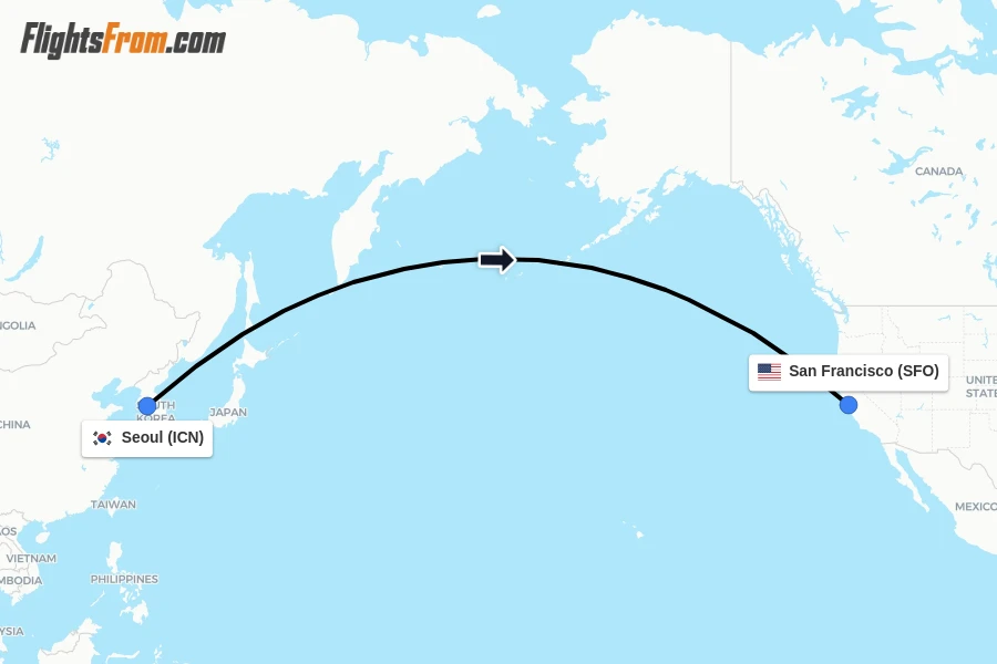 Flights from Seoul to San Francisco route map