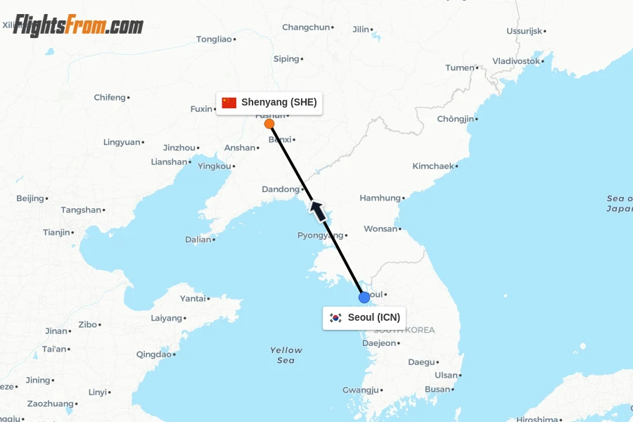 Flights from Seoul to Shenyang route map