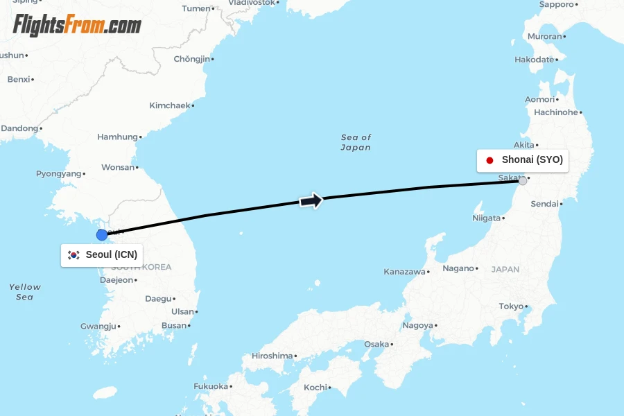 Flights from Seoul to Shonai route map