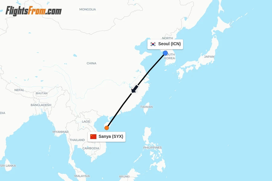Flights from Seoul to Sanya route map