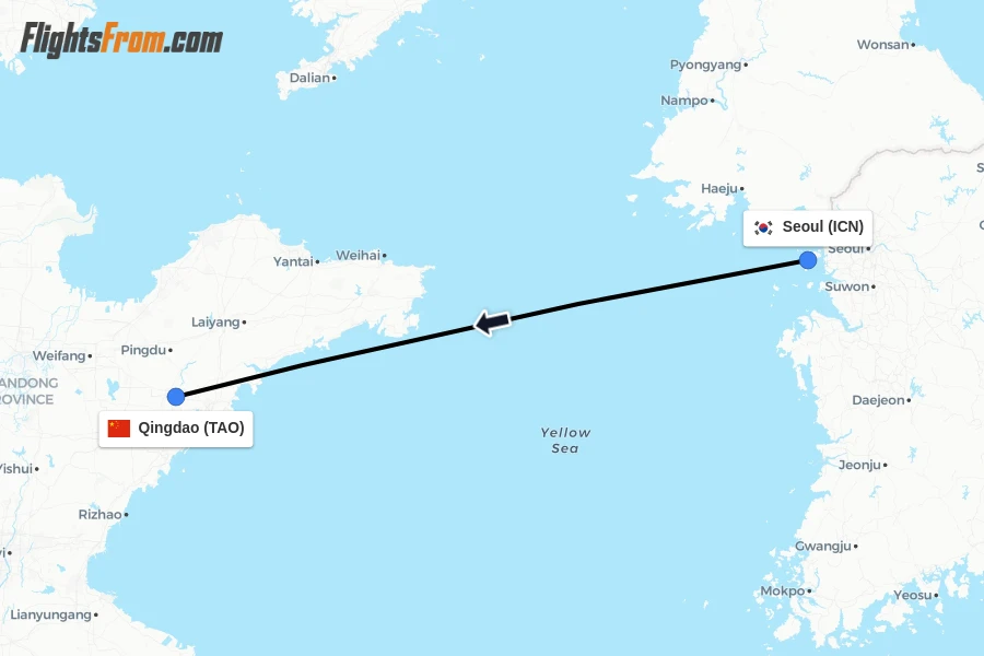Flights from Seoul to Qingdao route map