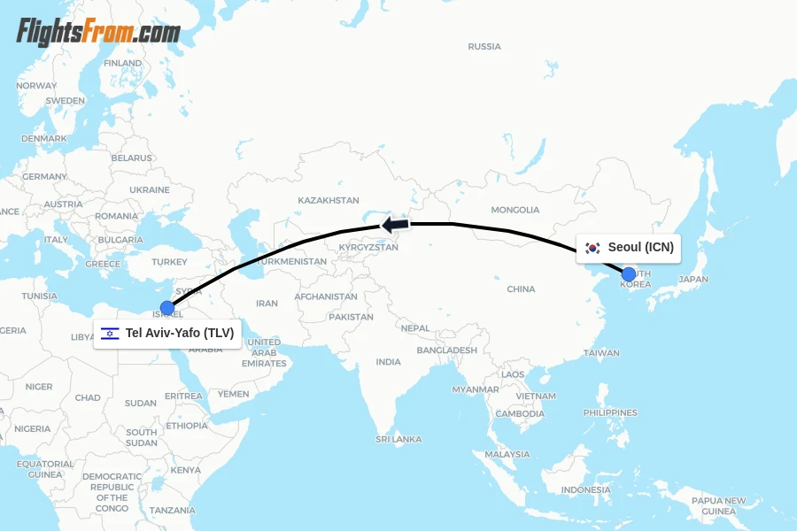 Flights from Seoul to Tel Aviv-Yafo route map