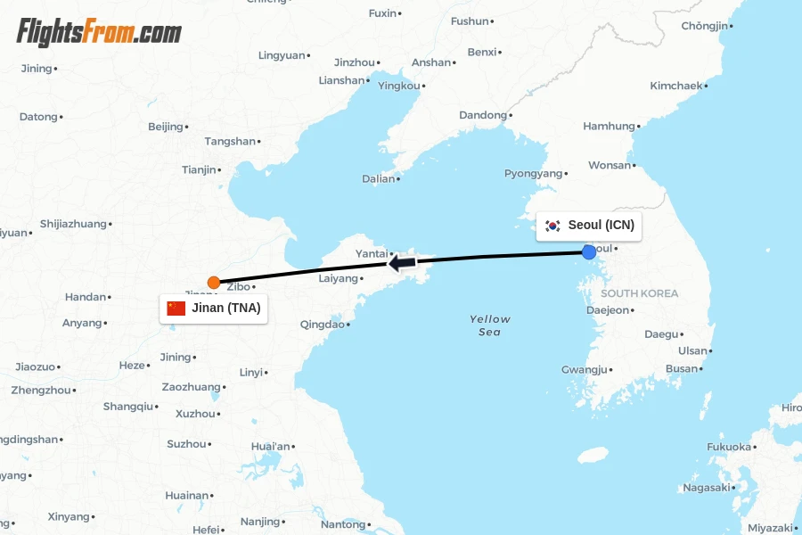 Flights from Seoul to Jinan route map
