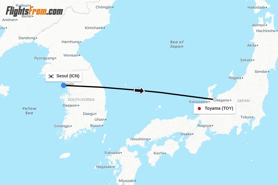 Flights from Seoul to Toyama route map