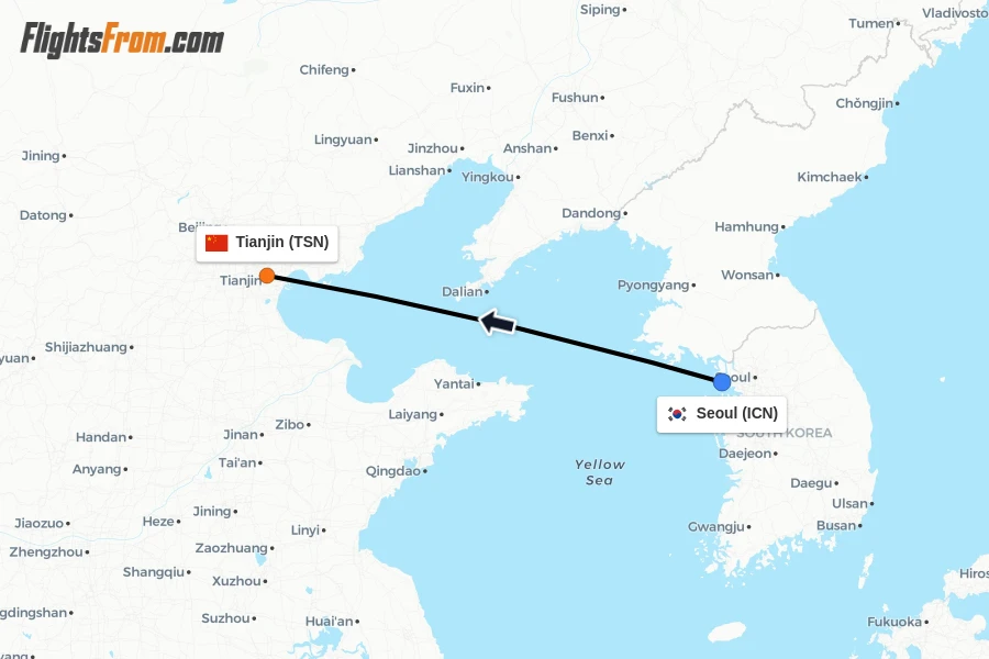 Flights from Seoul to Tianjin route map