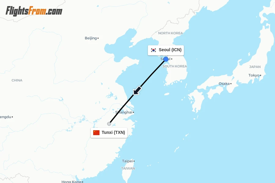 Flights from Seoul to Tunxi route map