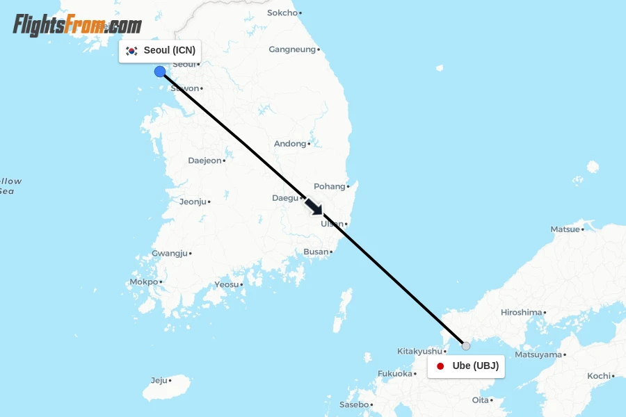 Flights from Seoul to Ube route map