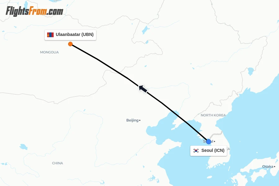 Flights from Seoul to Ulaanbaatar route map