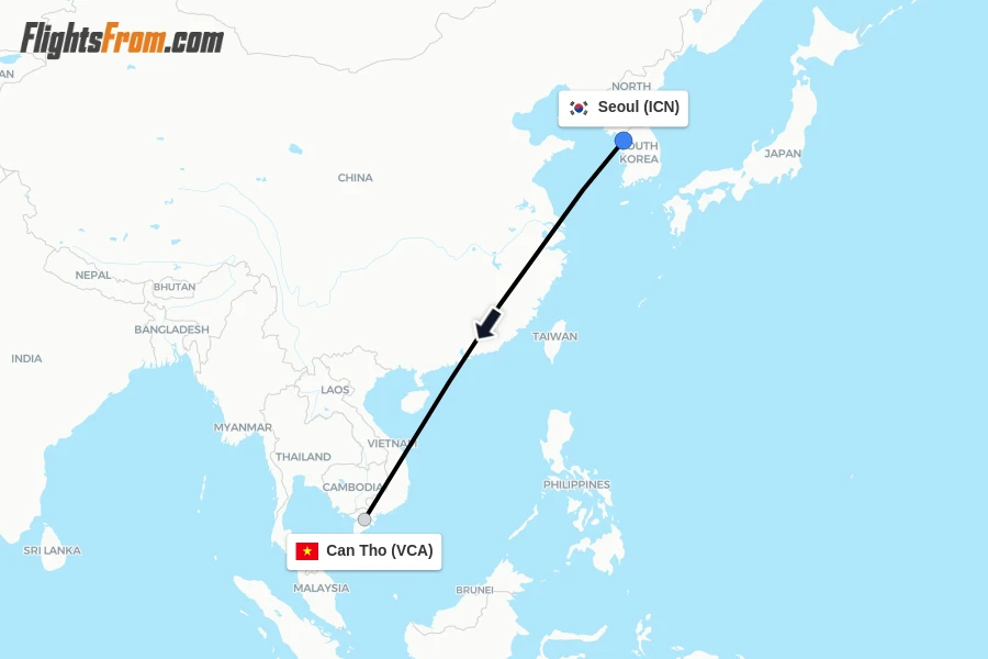 Flights from Seoul to Can Tho route map