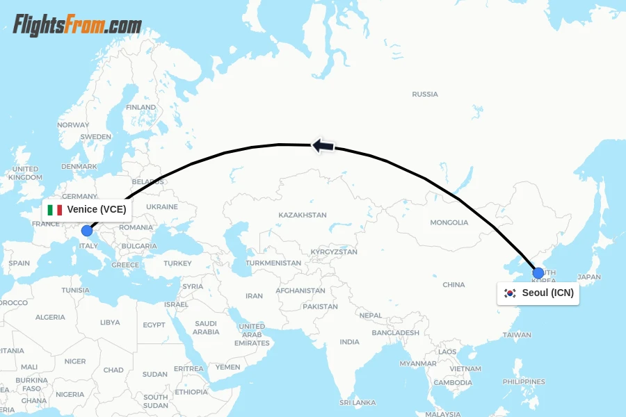 Flights from Seoul to Venice route map