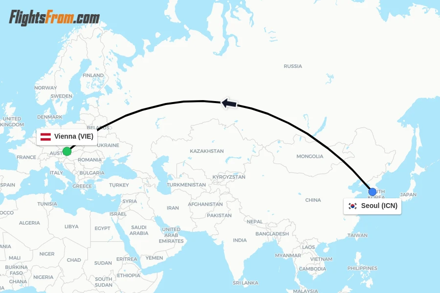 Flights from Seoul to Vienna route map