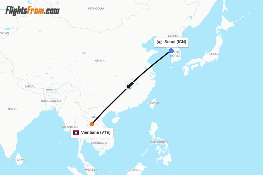 Flights from Seoul to Vientiane route map