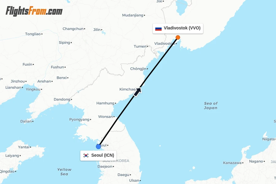 Flights from Seoul to Vladivostok route map