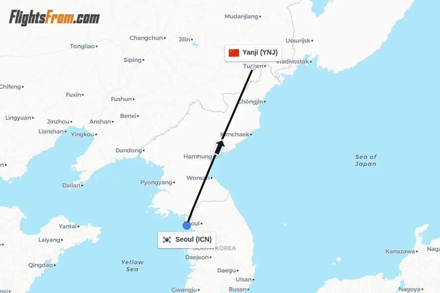 Flights from Seoul to Yanji route map