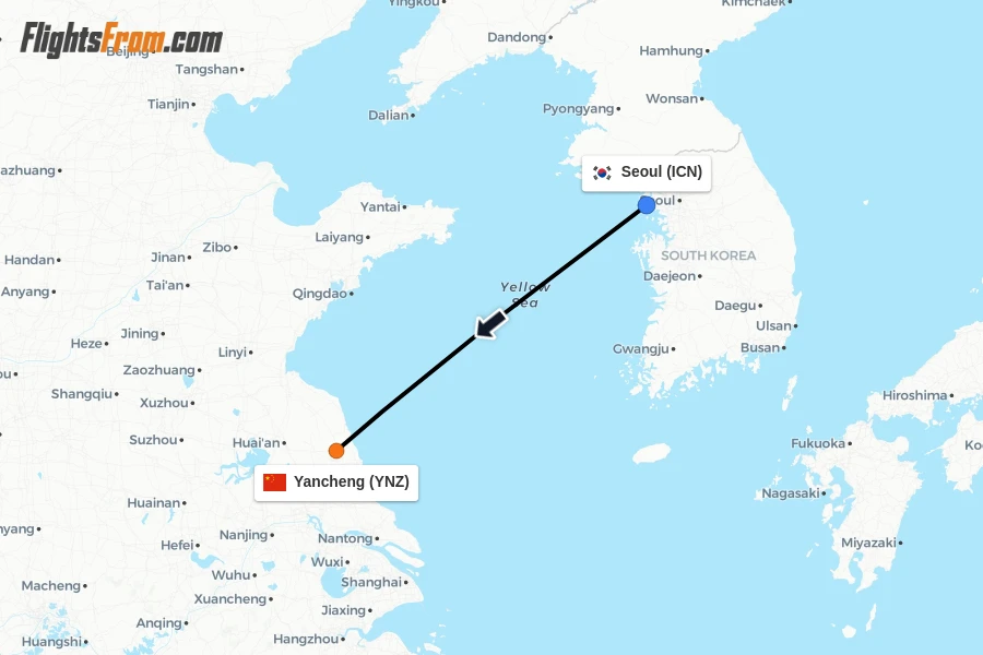 Flights from Seoul to Yancheng route map