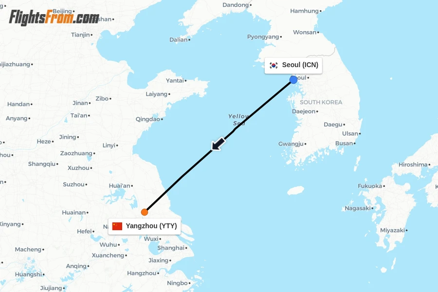 Flights from Seoul to Yangzhou route map
