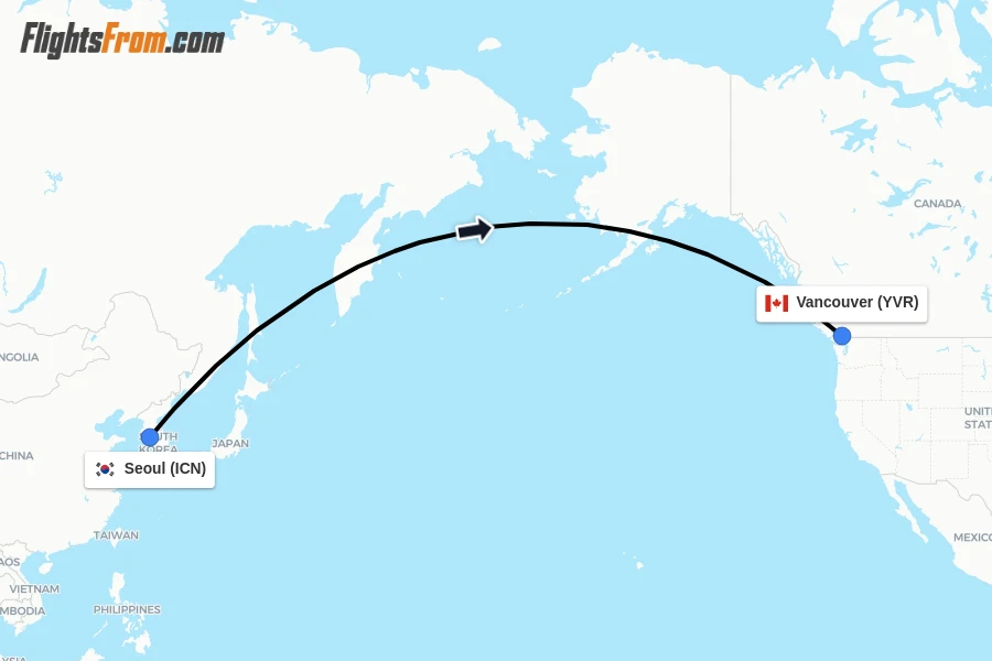 Flights from Seoul to Vancouver route map