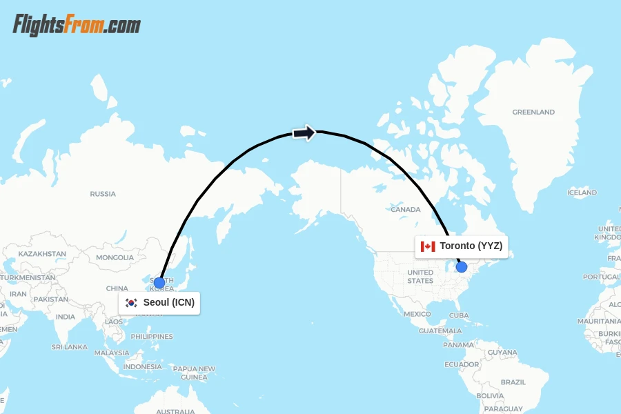 Flights from Seoul to Toronto route map